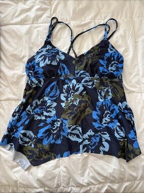Kona Sol Navy Floral V-Neck Tankini Top with Blue & Olive Print